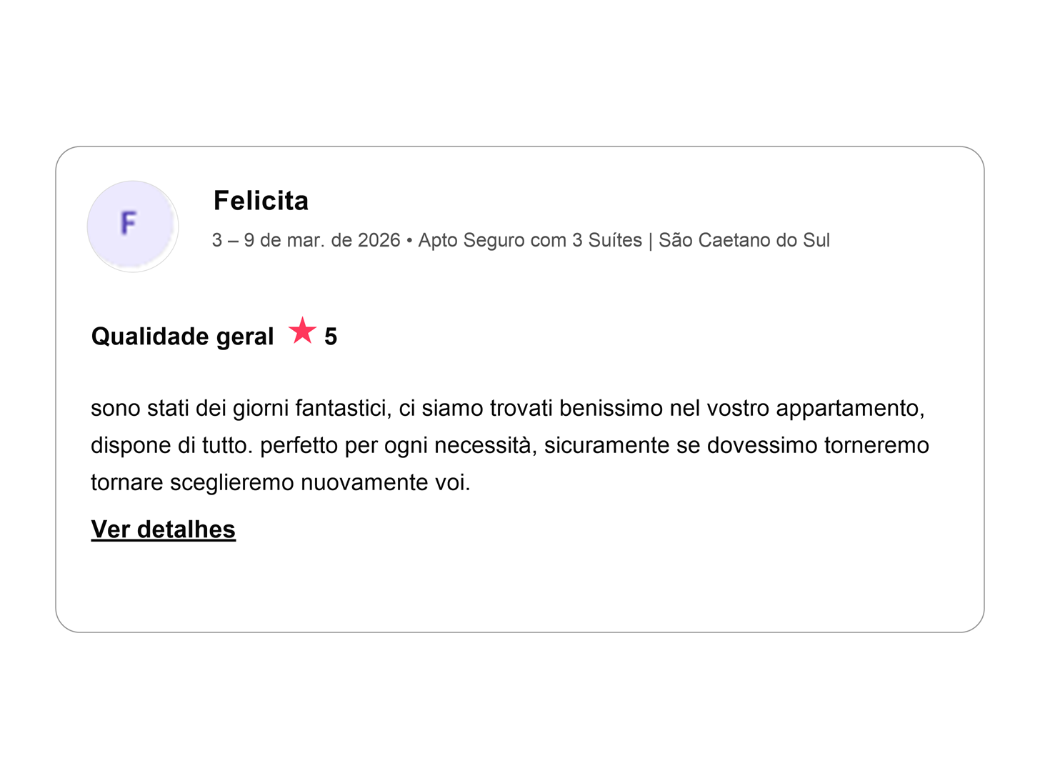 Avaliação cinco estrelas de Felicita